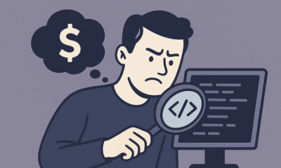Developer looking at his code with a magnifing glass